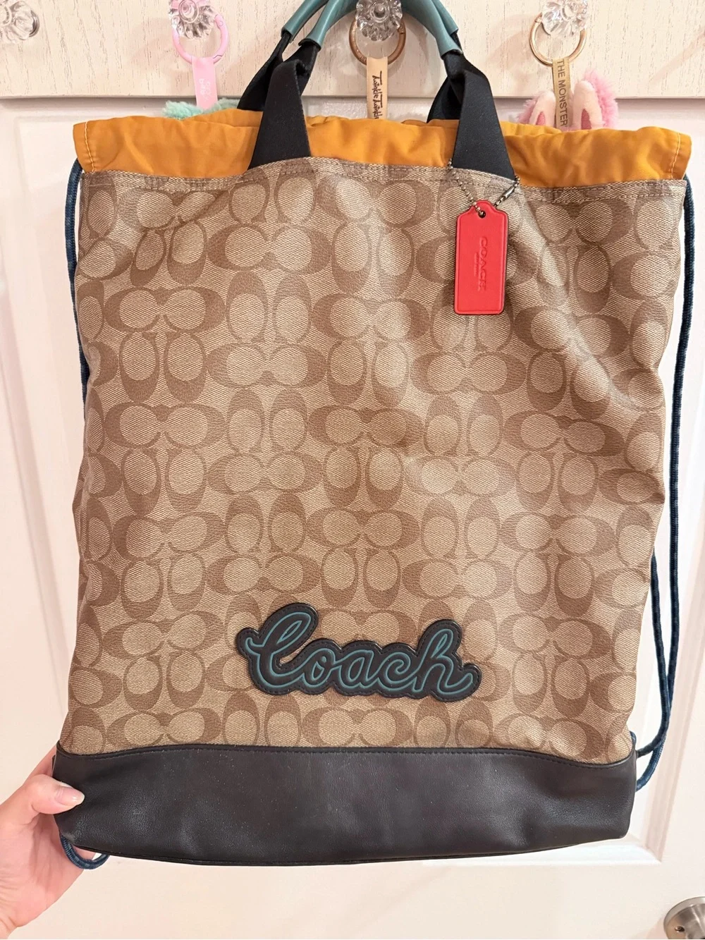 Coach Signature Logo Drawstring Backpack in Brown and Black